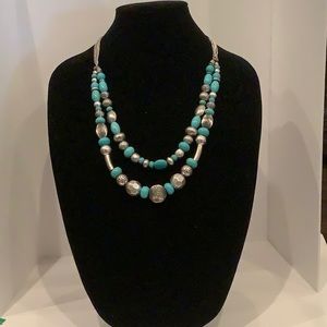 Turquoise and silver two layer necklace.